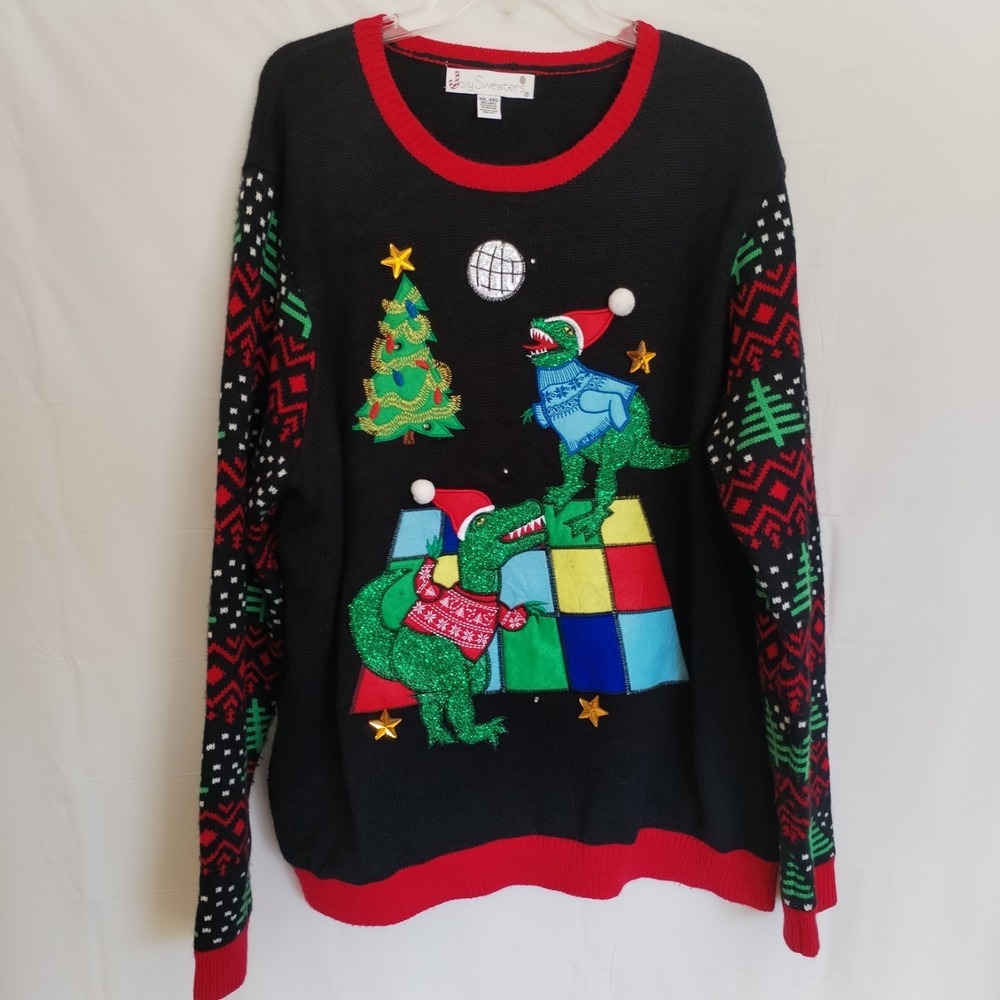 Jolly Sweaters Men's 2XL‎ Ugly Christmas Sweater Black Disco T-Rex Dinosaurs